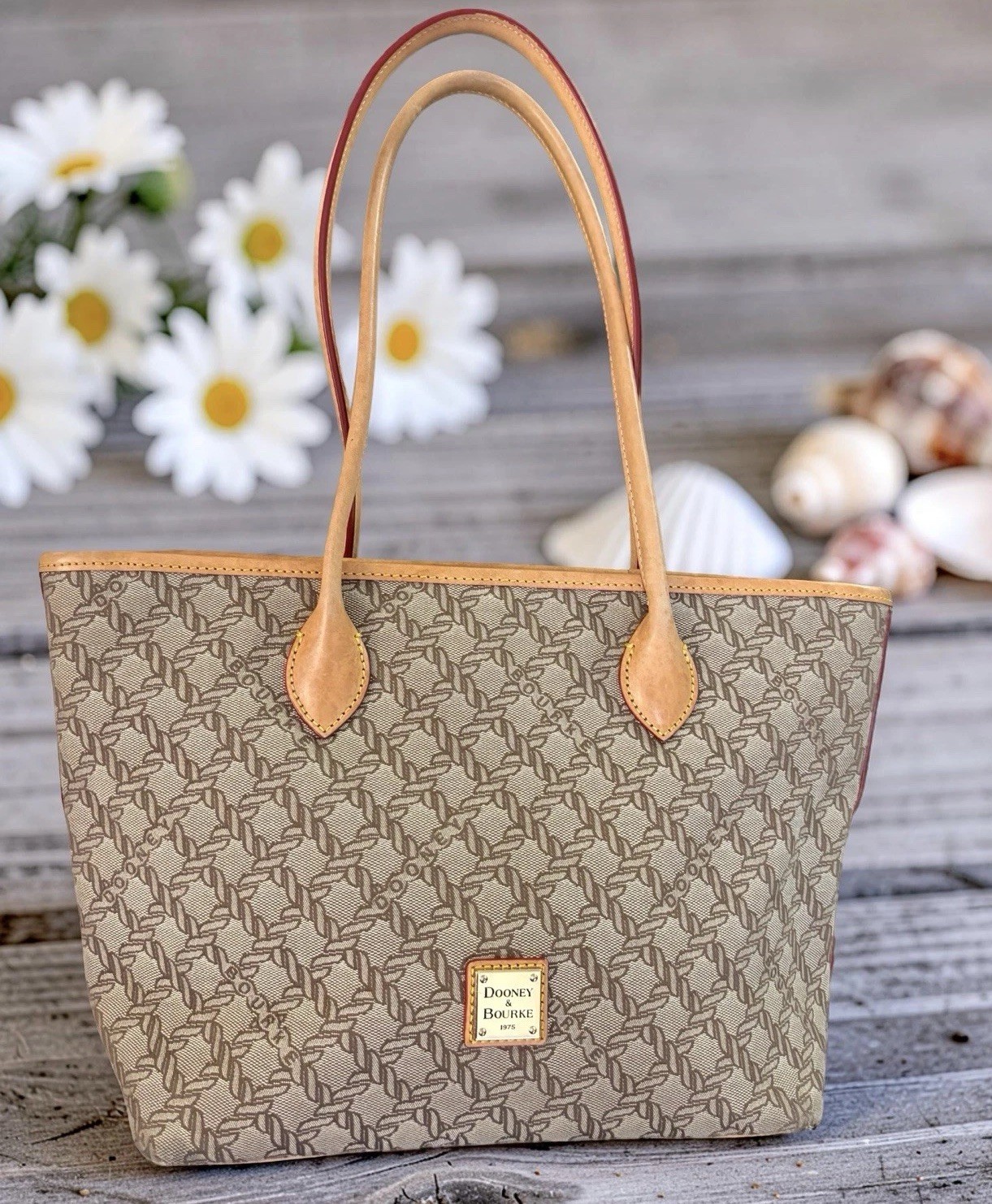 Dooney Bourke Brown Beige Maritime Rope Nautical Coastal Vacchetta Leather Tote