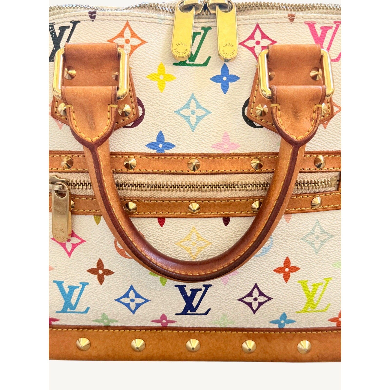 Louis Vuitton x Takashi Murakami Alma MM White Multicolor Monogram Bag Auth
