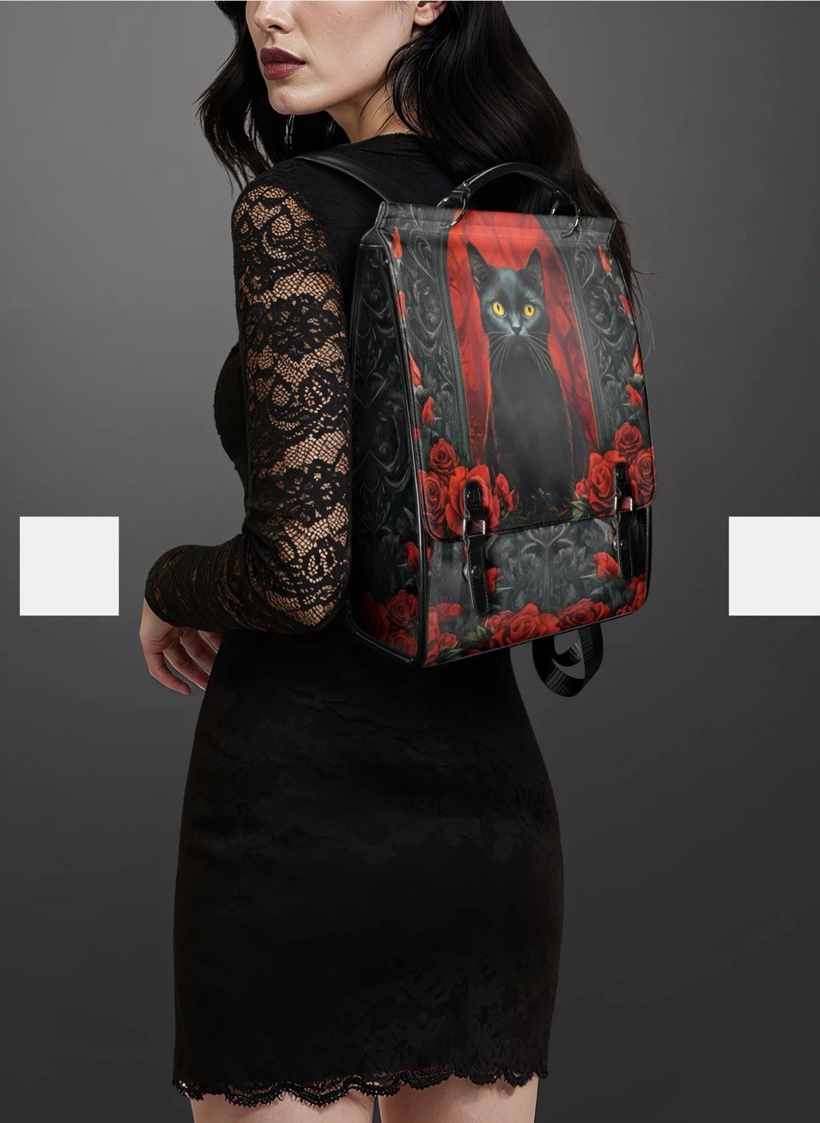 Black Cat & Red Rose Floral Backpack Top Handle Buckle Closure Adjustable Strap