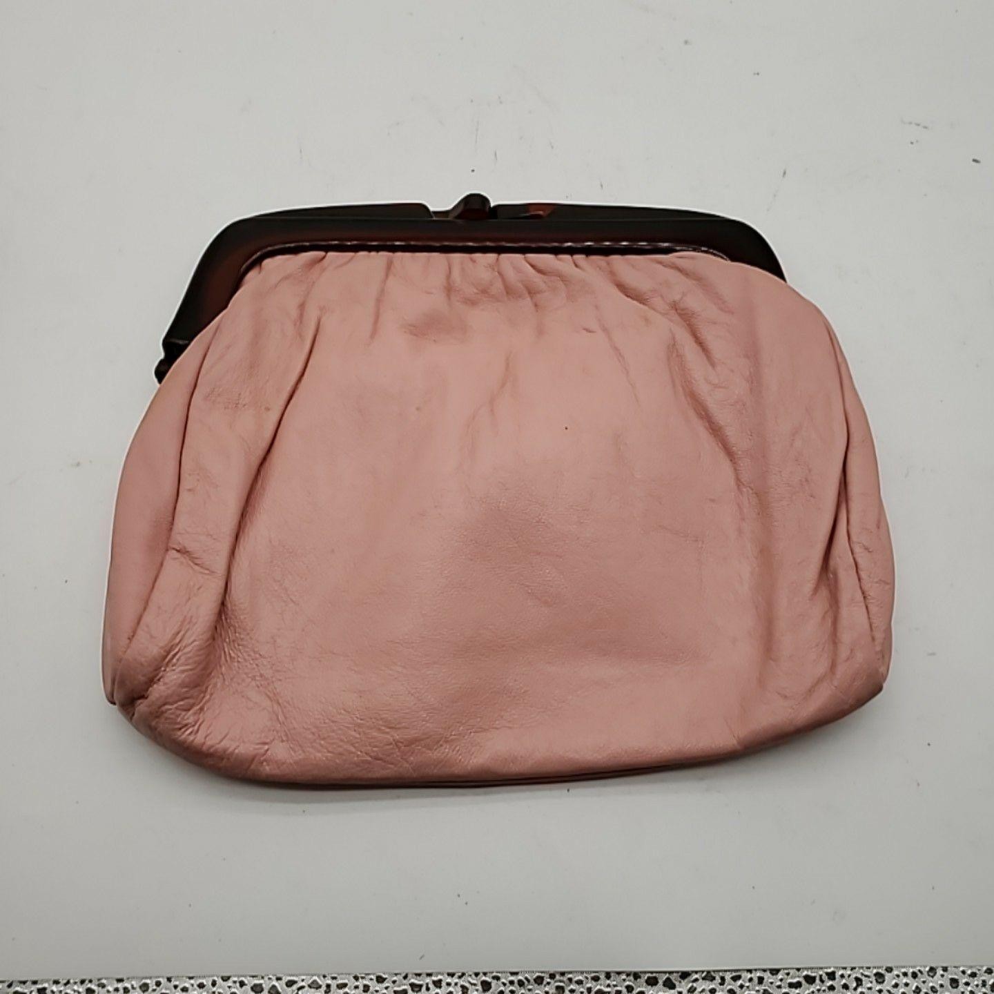 Vintage Leather Clutch Bag Womens Small Pink Made In Italy Lined Tortoise Frame