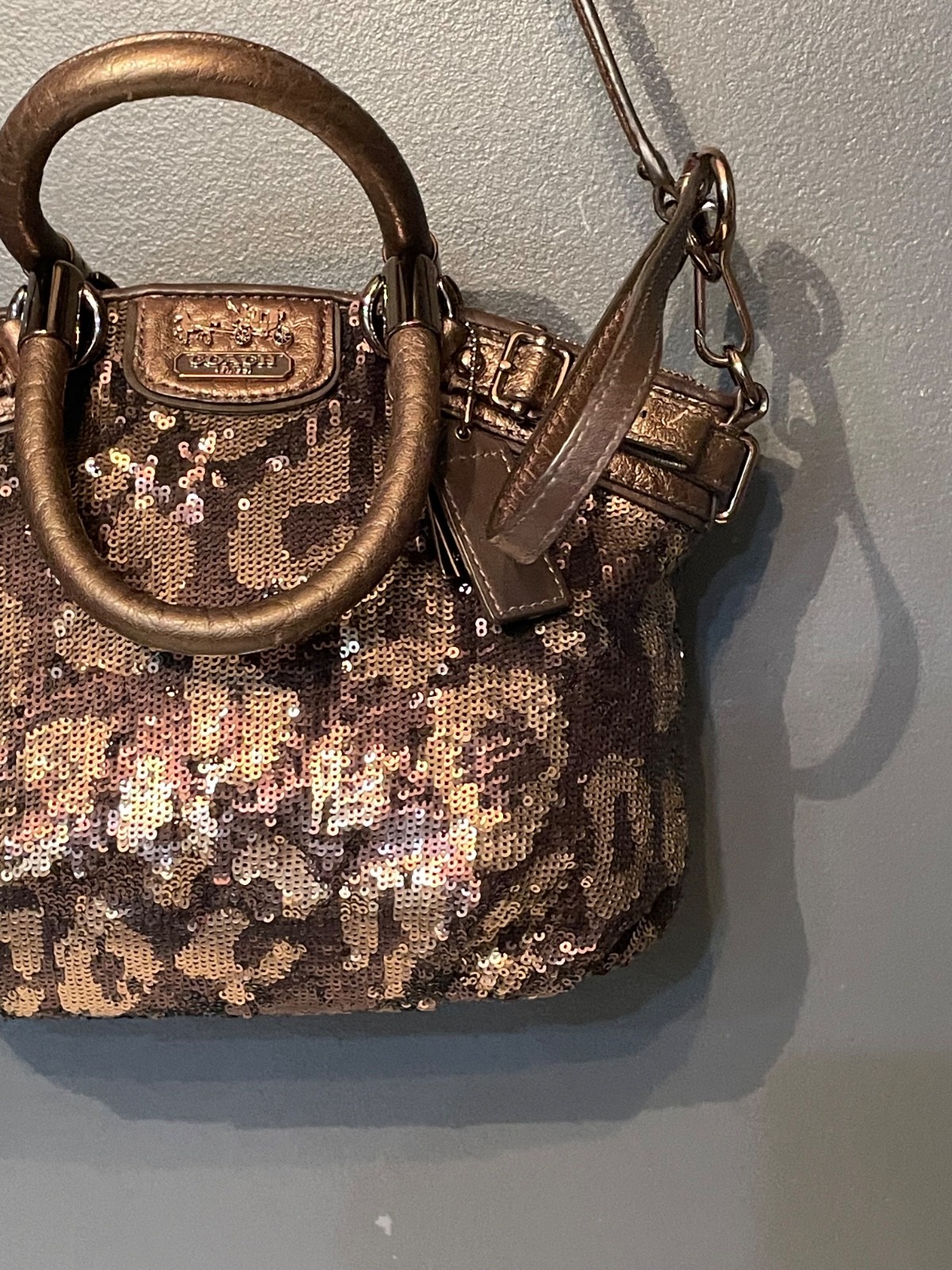 Coach Madison Sophia 18638 Leopard Sequin Satchel Bronze Crossbody Purse Bag