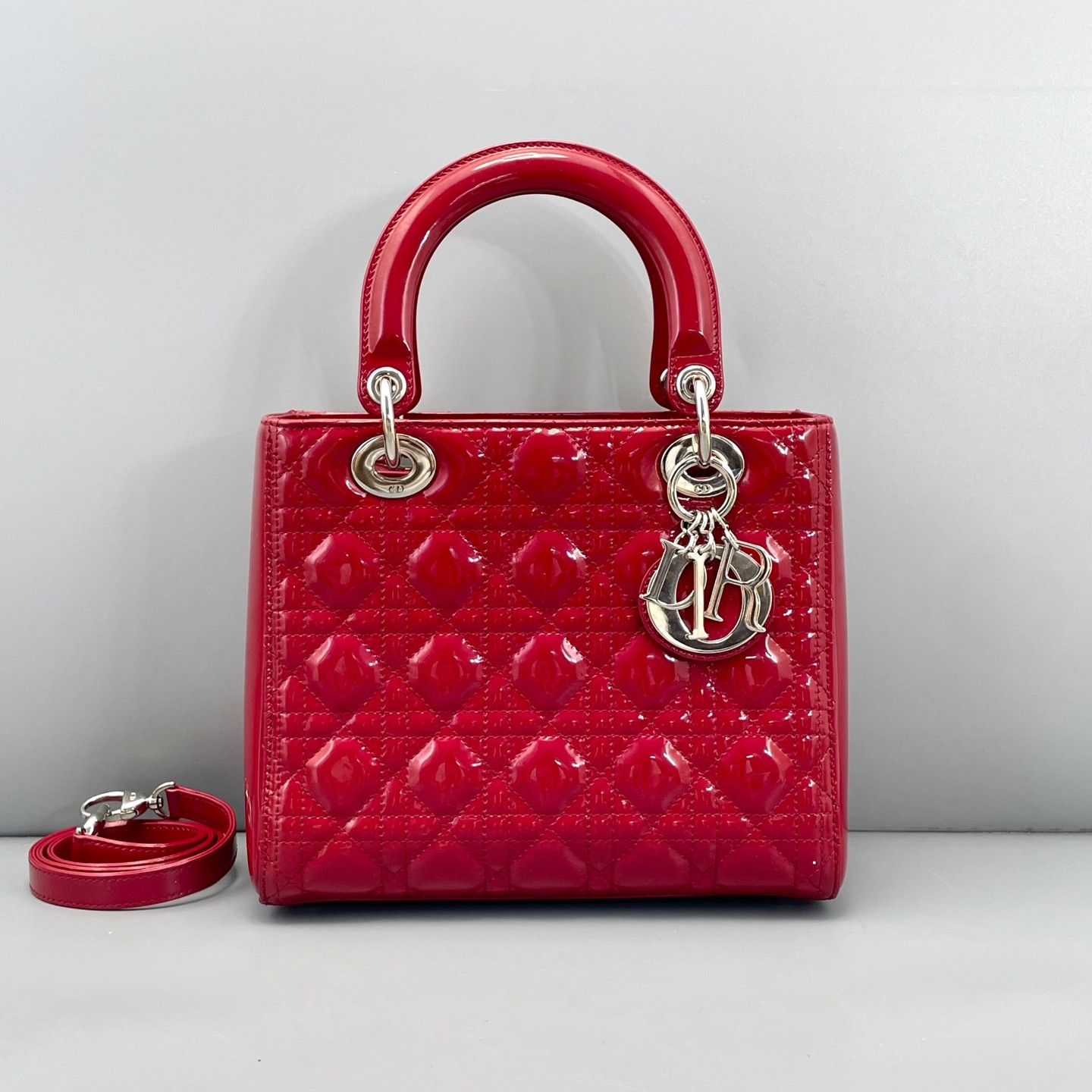 AUTH DIOR Lady Dior Medium Red Patent Leather Top Handle Handbag.