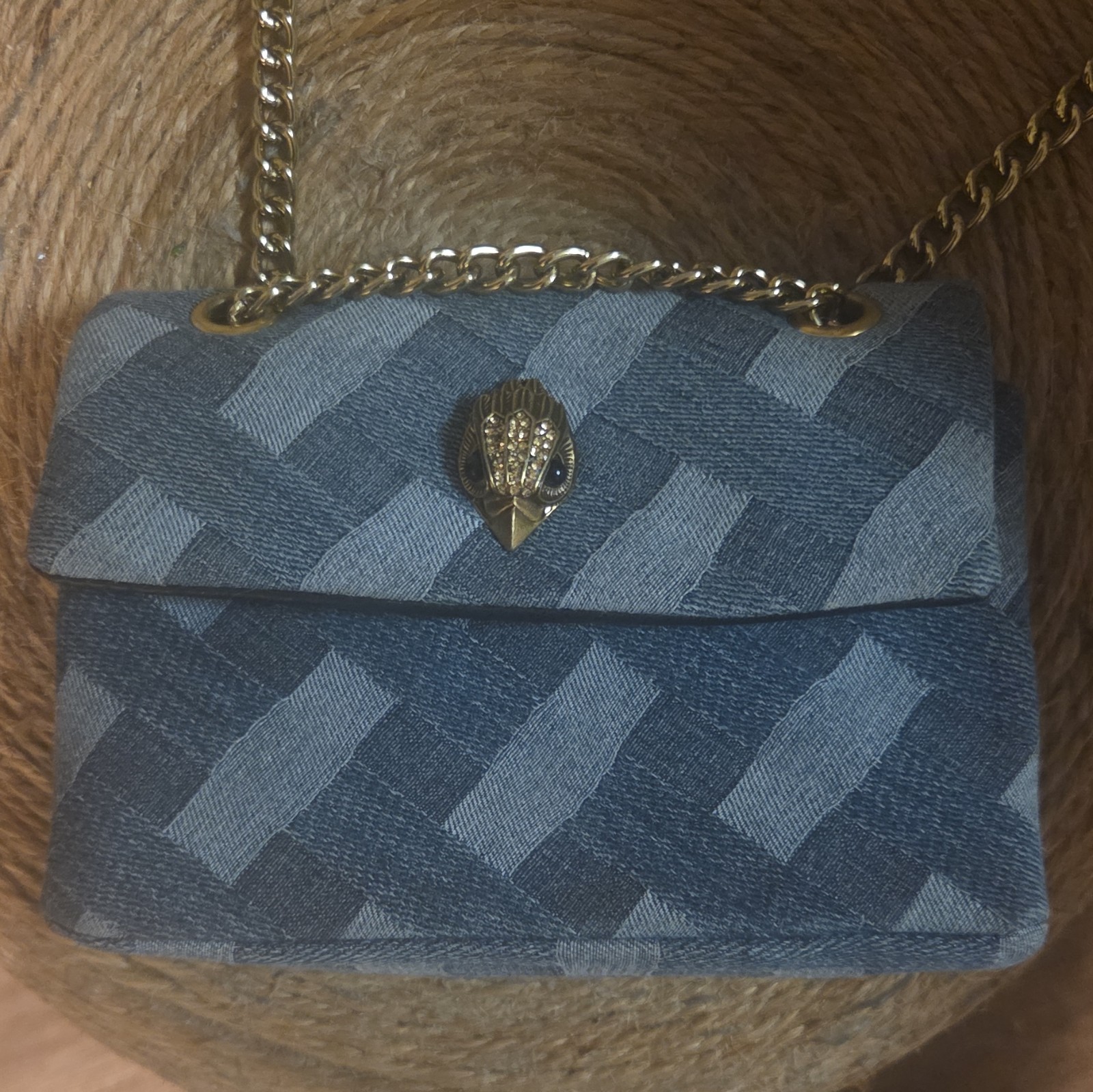 Kurt Geiger Blue Geometric Shoulder Bag Chain Strap Logo Gold Tone Hardware