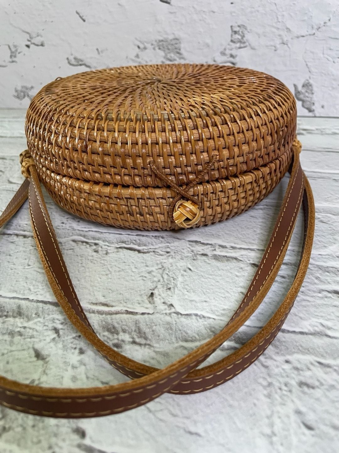 Handwoven Round Rattan Ata Crossbody Bag with Leather Strap