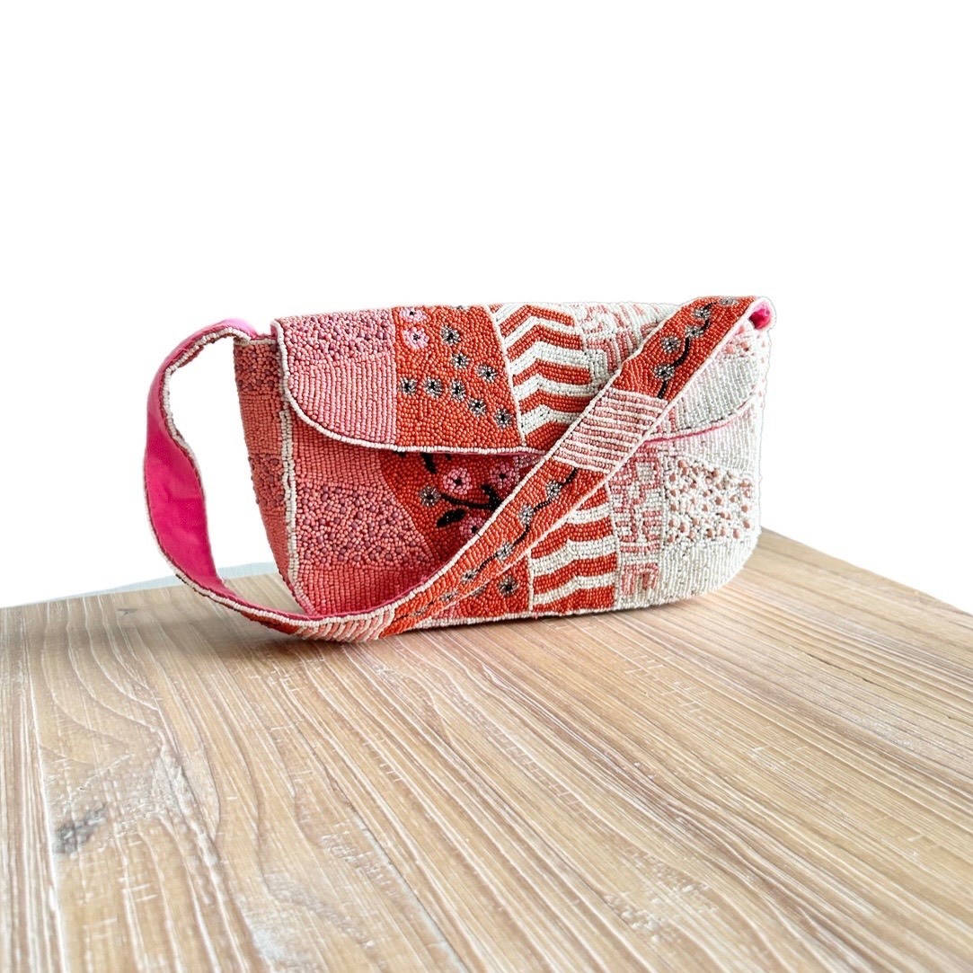 NEW America & Beyond Tigerlily Beaded Patchwork Shoulder Bag Coral Pink