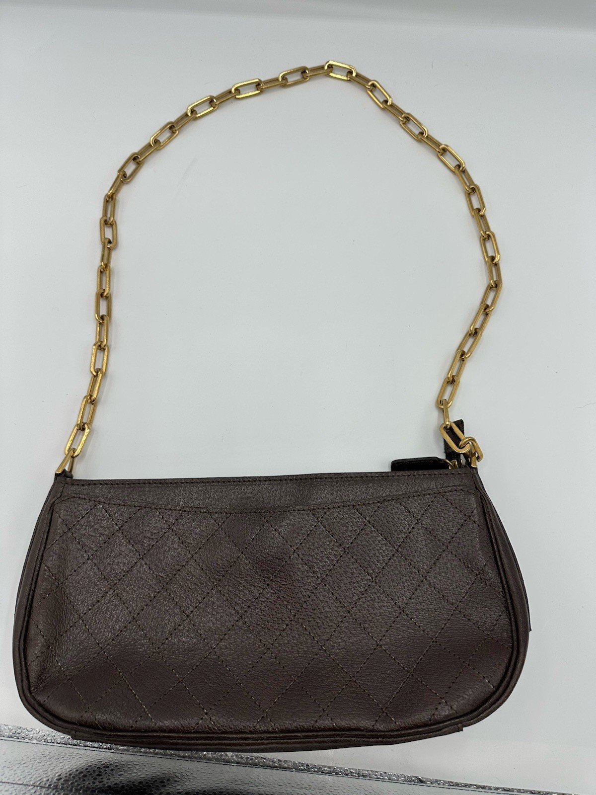 Claudia Ciuti Quilted Leather Shoulder Bag – Brown with Gold Chain Strap