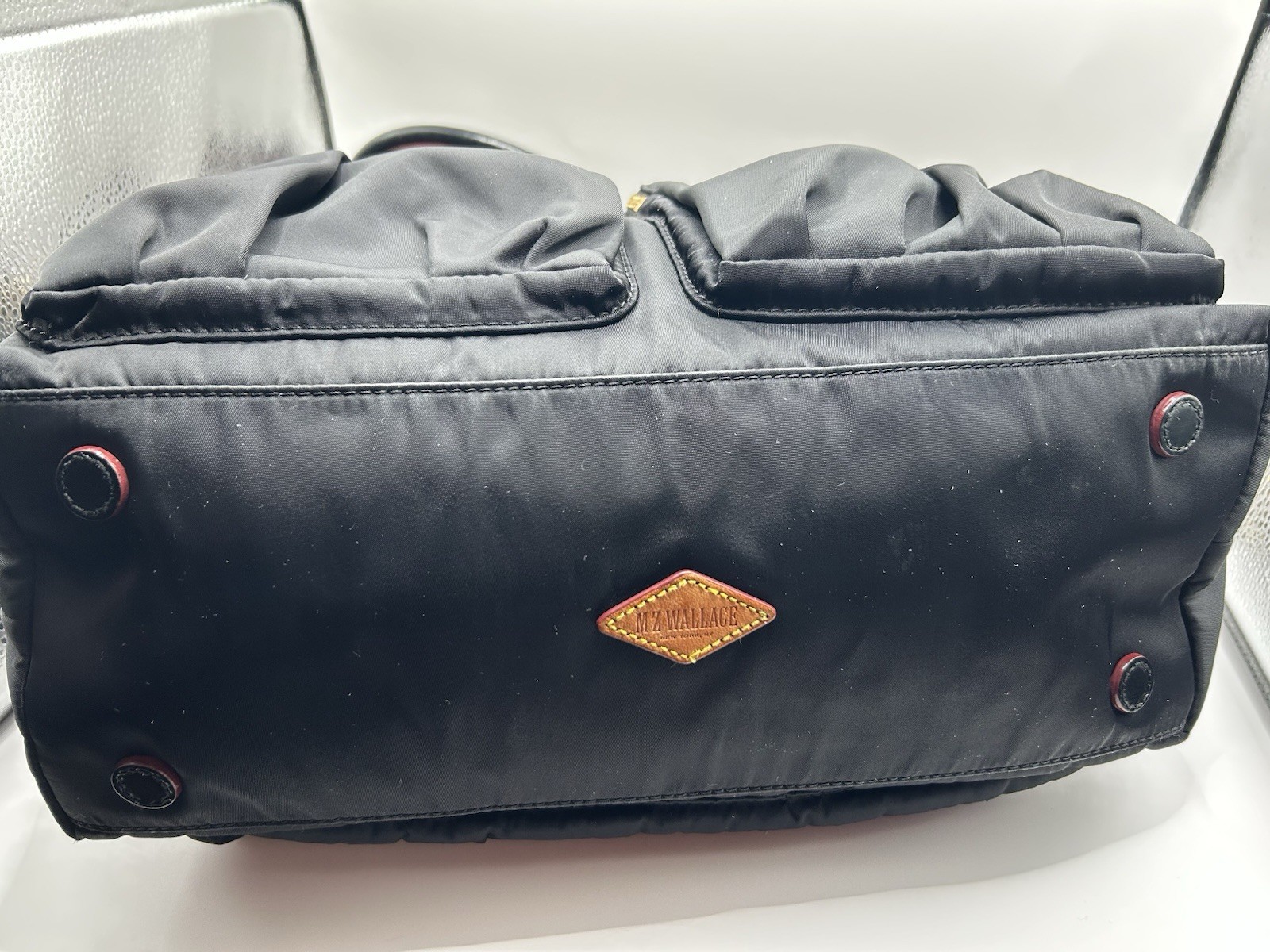 MZ Wallace Black Satchel Top Handle Zip Bag Red Lining Gold HW Strap Pouch