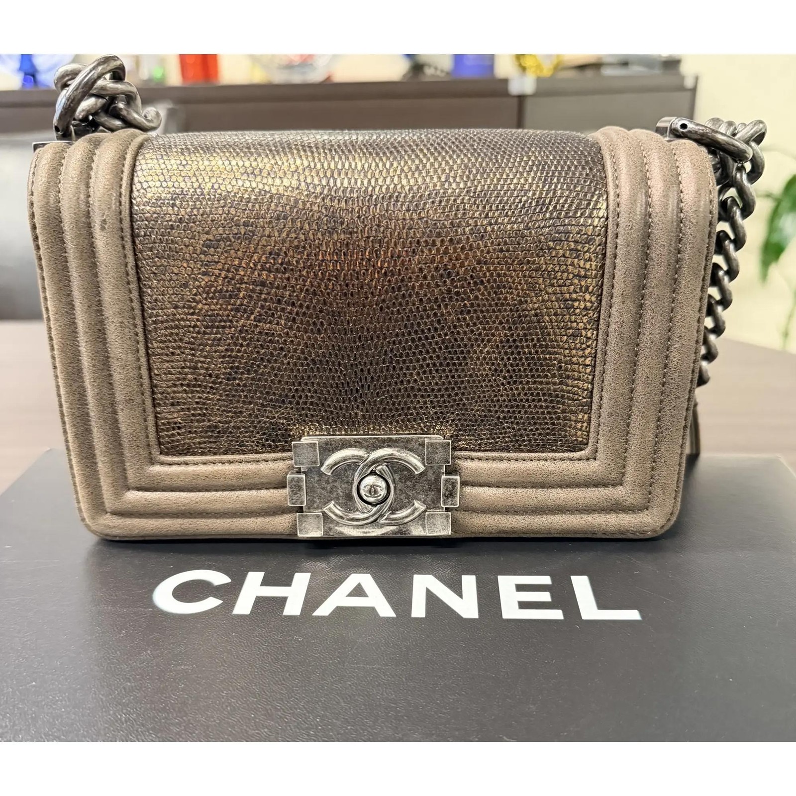 Chanel Lizard Metallic Quilted Brown Leather Small Boy Flap Crossbody Bag