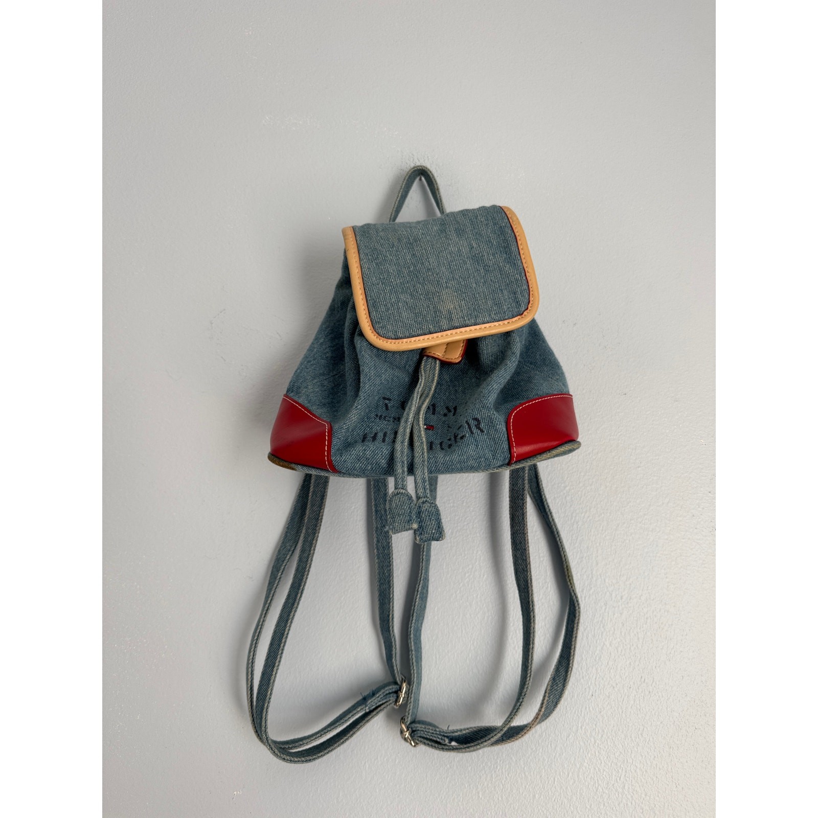 Vintage 90s Y2K Tommy Hilfiger Denim Mini Backpack Red Trim Gingham Lining