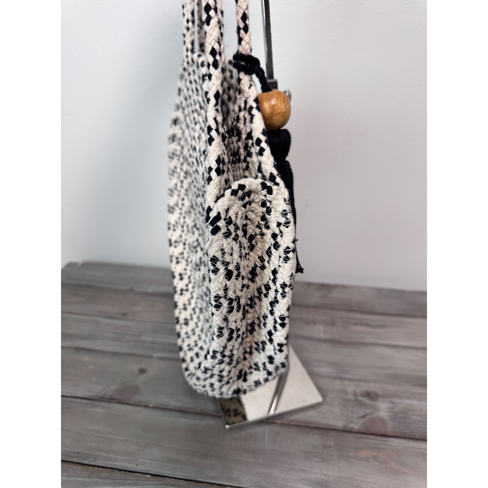 M&S Collection White Black Woven Cotton Round Shoulder Boho Bag with Tassel