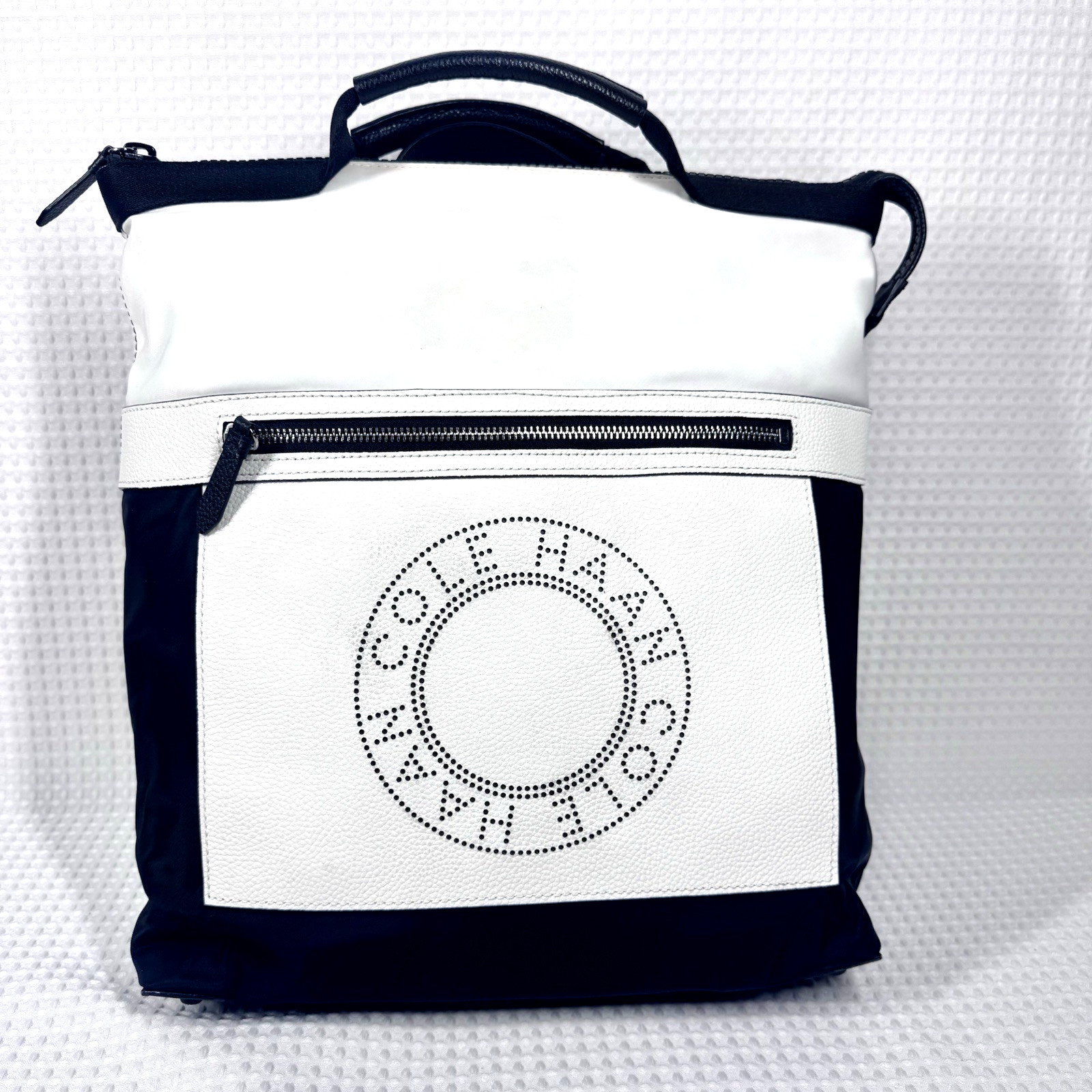 COLE HAAN Grand Series Leather Nylon 3-Way Backpack White Black Circle Logo Read