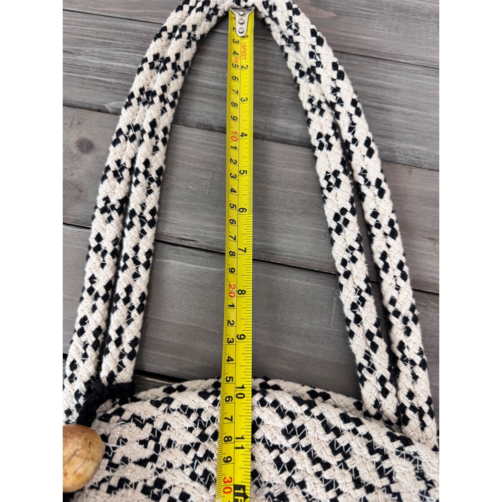 M&S Collection White Black Woven Cotton Round Shoulder Boho Bag with Tassel