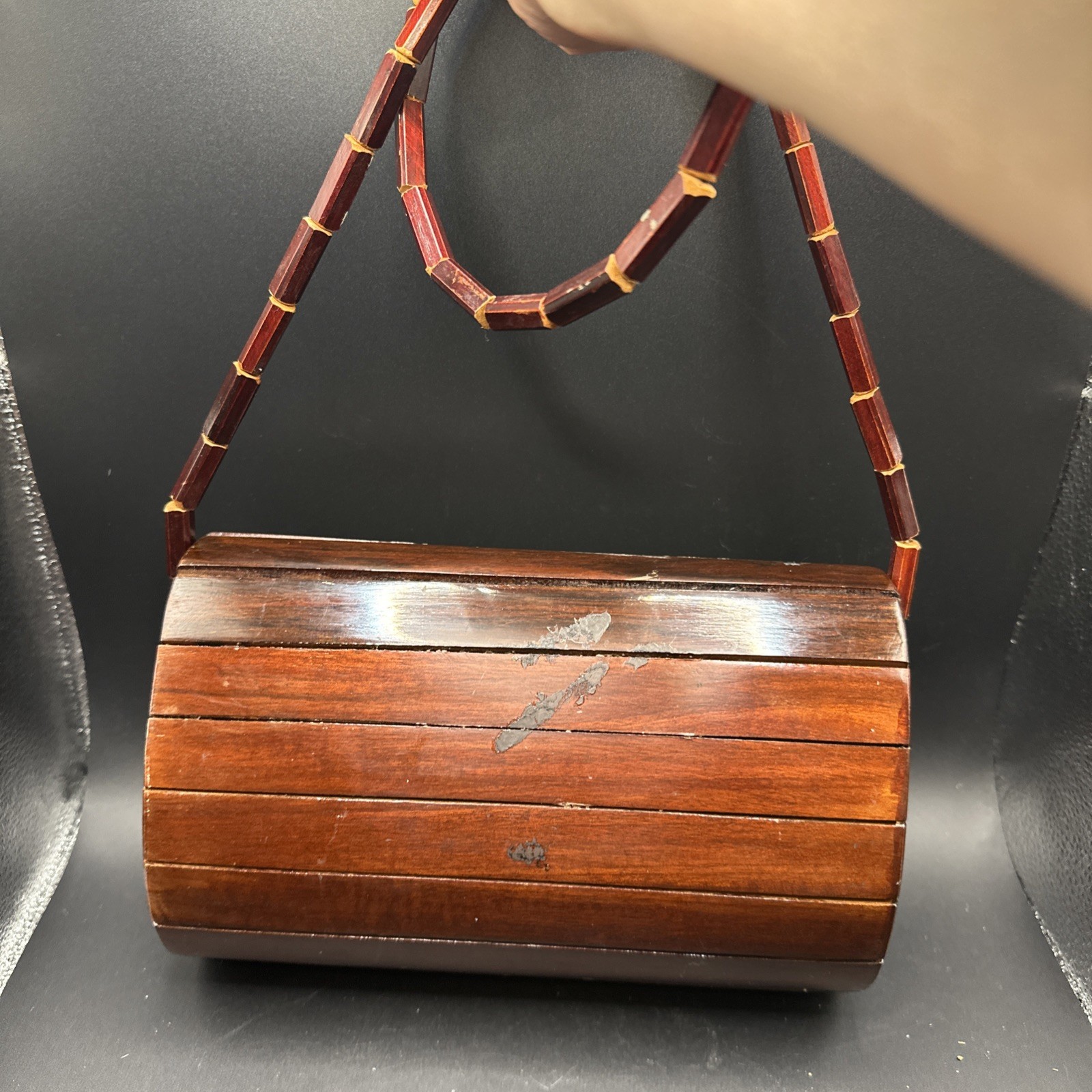 Vintage 70s Wooden Slat Shoulder Bag Small Size Two Tone Lined Snap Button Boho