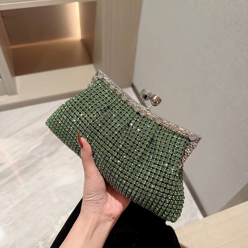 Crystal Women Evening Clutches Wedding Party Handbag Clutch Purse-Green color