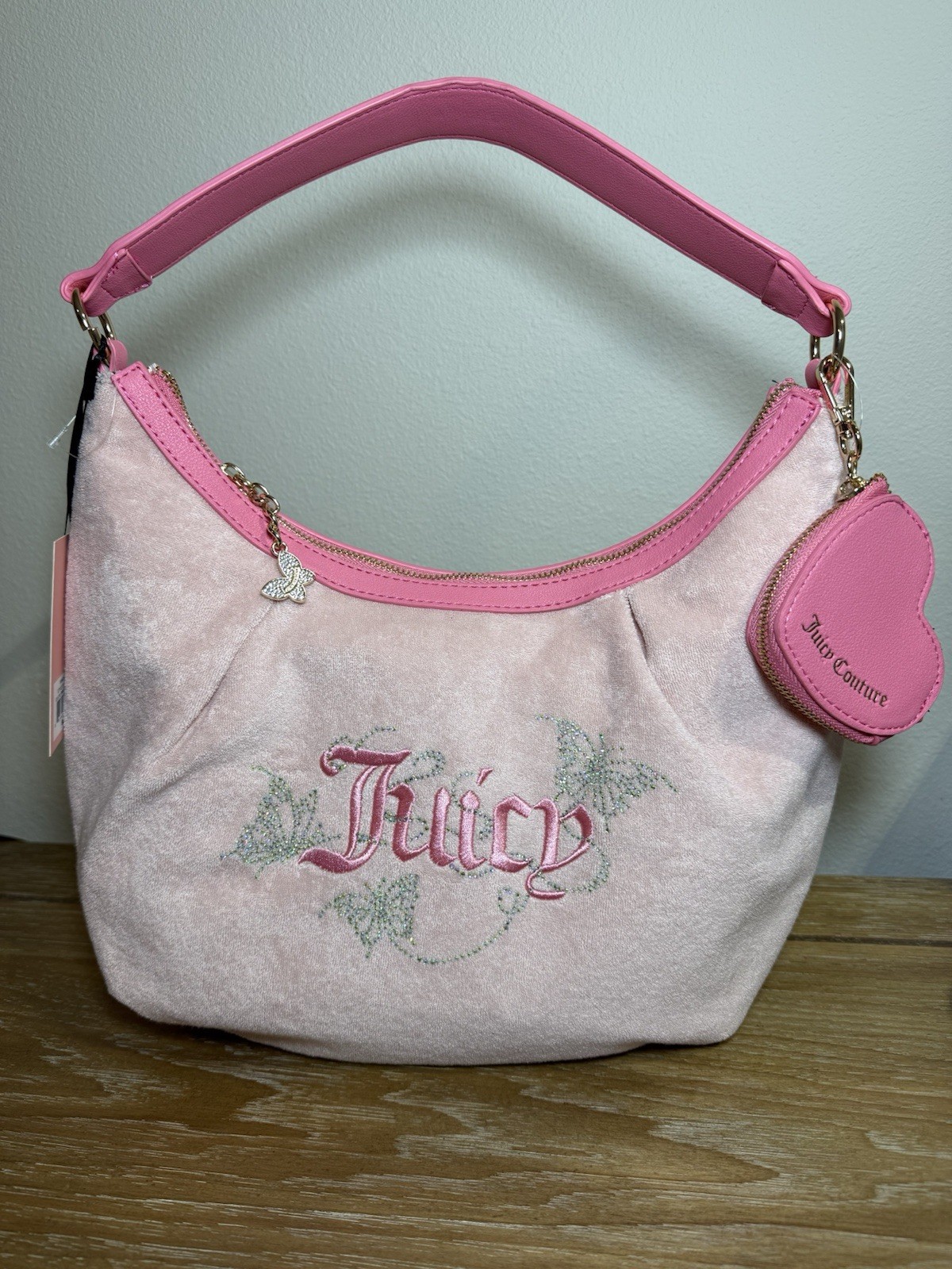 Juicy Couture Wingin It Terry Hobo Bag – Pink Lemonade Butterfly Bling NEW