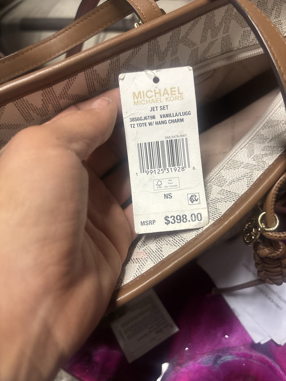 Michael Kors Jet Set TZ Tote Vanilla/Brown Logo Print, Gold Hardware, Charm