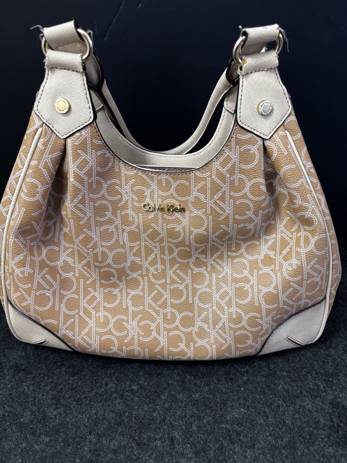 Calvin Klein CK Monogram Hobo Shoulder Bag Beige Tan Logo Handbag Purse