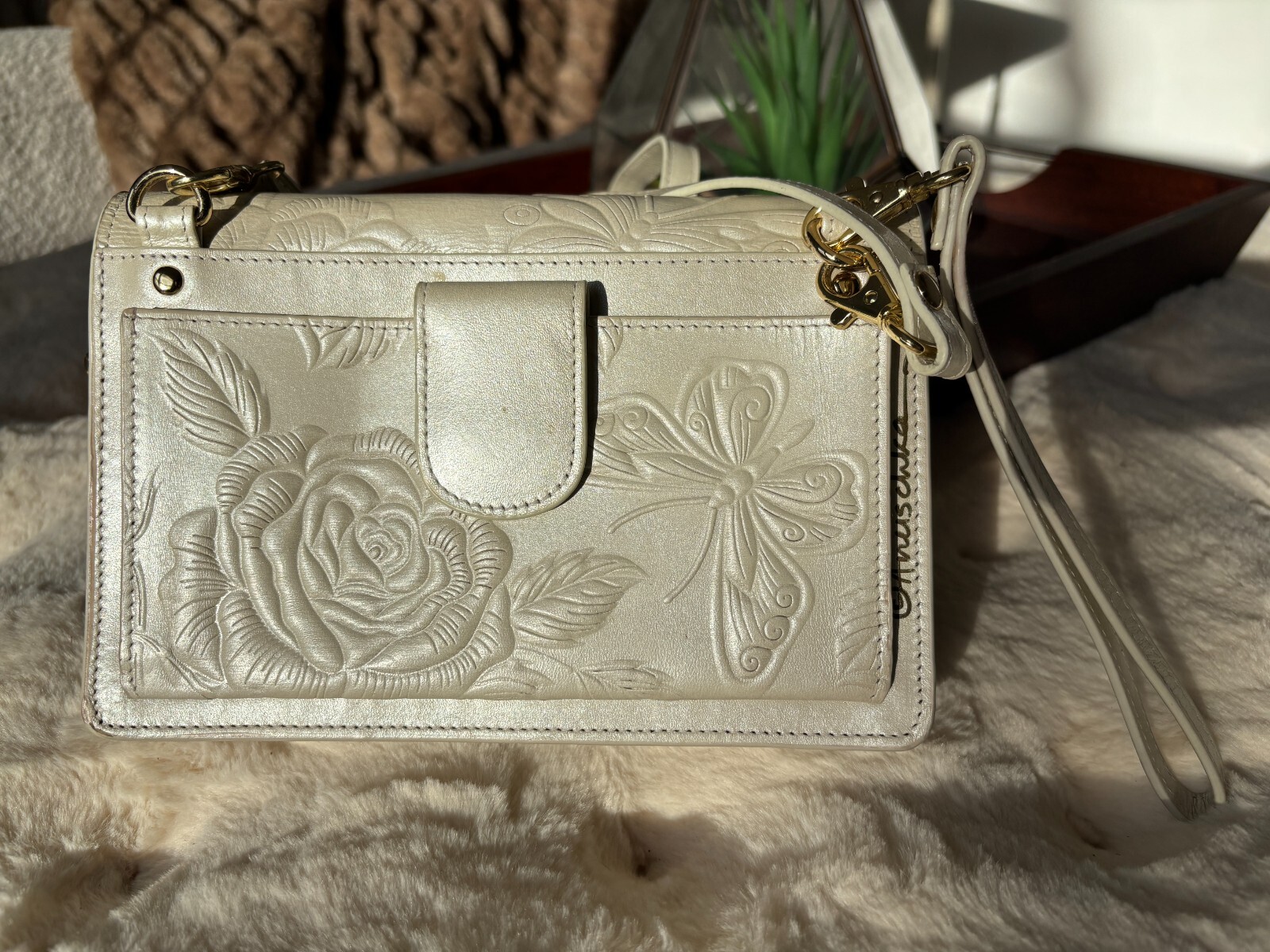 Anuschka Tooled Rose Pearl White 4-in-1 Leather Organizer Crossbody