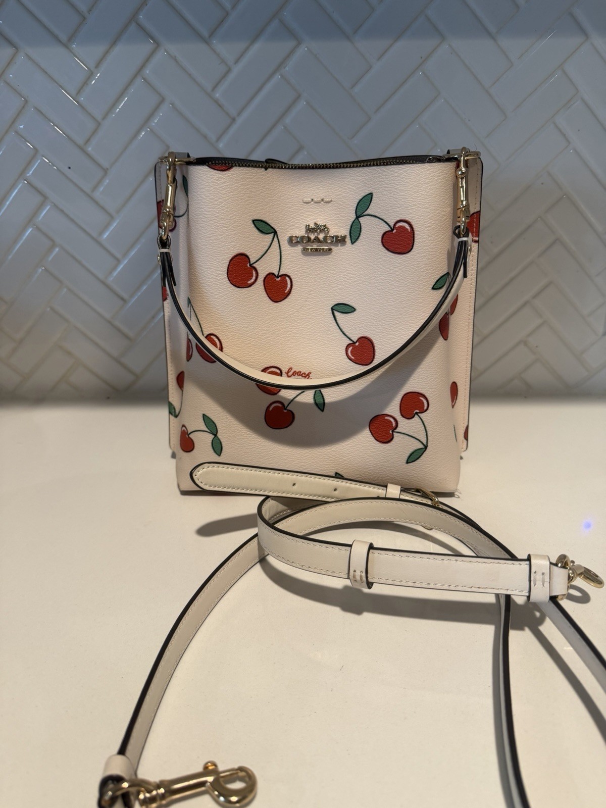 Coach Mollie Bucket Bag 22 in Chalk Multi with Valentine Heart Cherry print