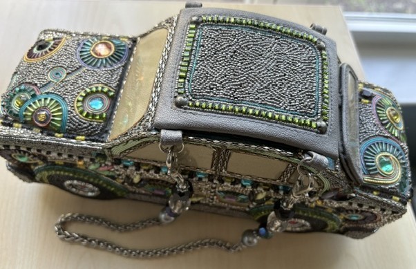 Mary Frances ROAD TRIP CAR AUTO HANDBAG Leather Top Handle Bag Silver Gray/Multi