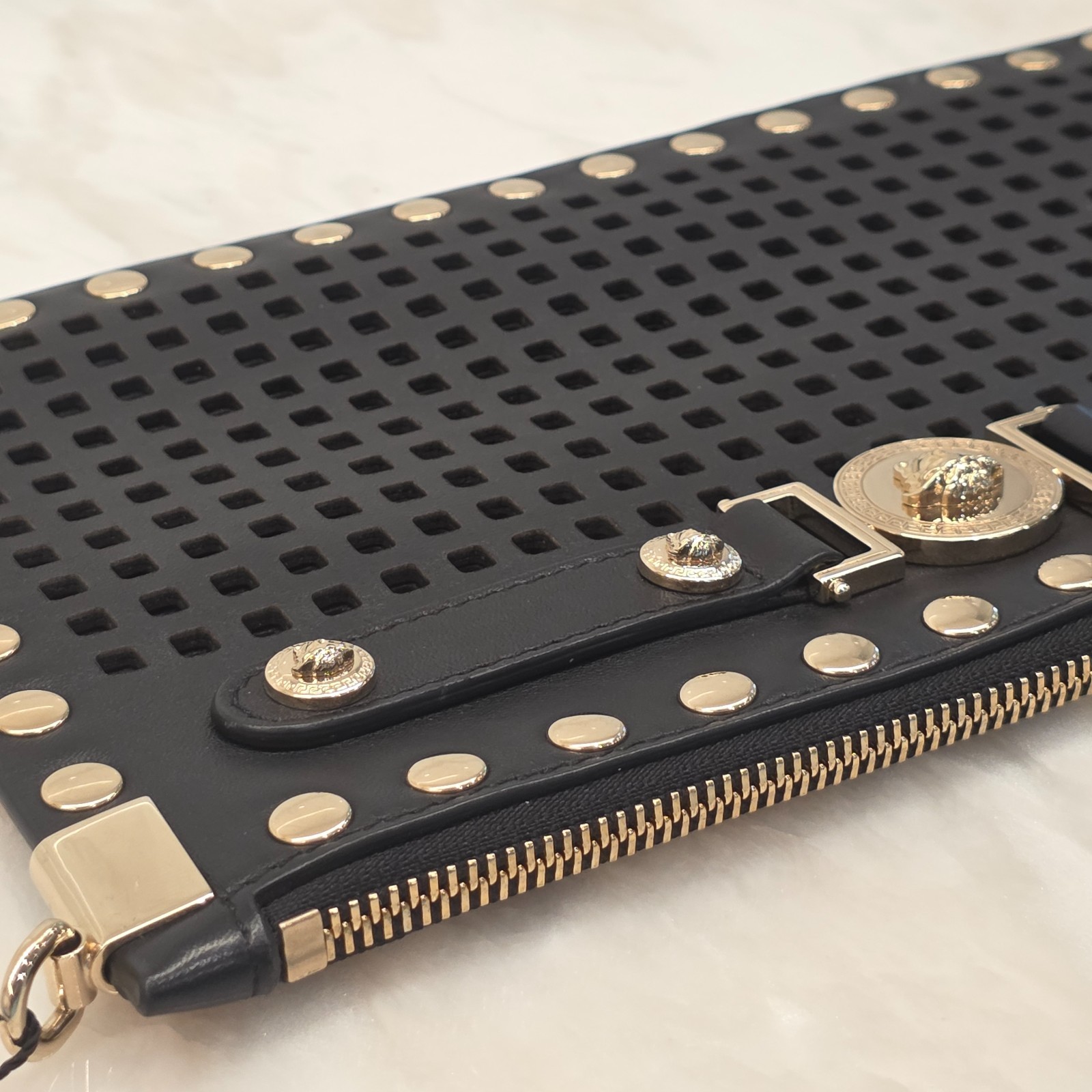 Versace Perforated Studded Black Calfskin Leather Wristlet Clutch – Gorgeous