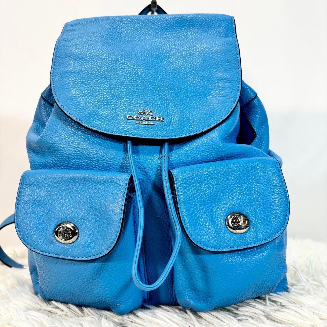 COACH Leather Backpack Turn Lock Pebbled Leather Blue From Japan