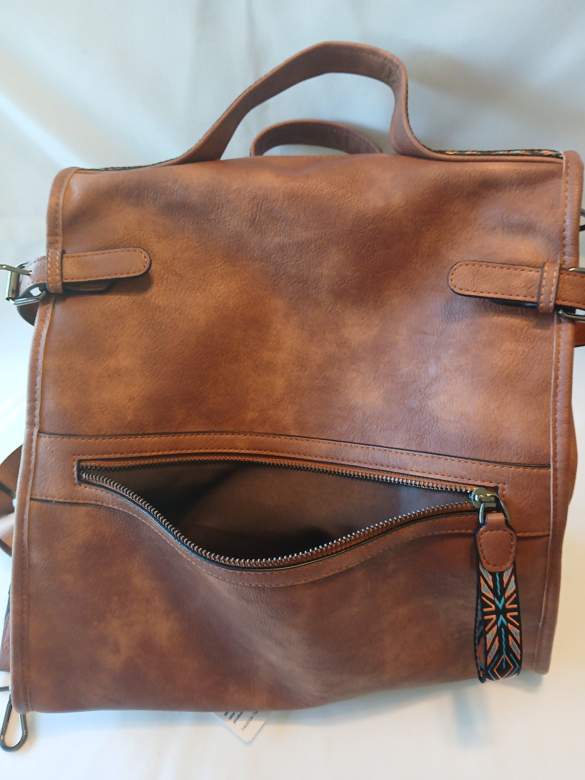 Fadeon Brown Faux Leather Backpack Purse Laptop Bag with Boho Strap, NWT