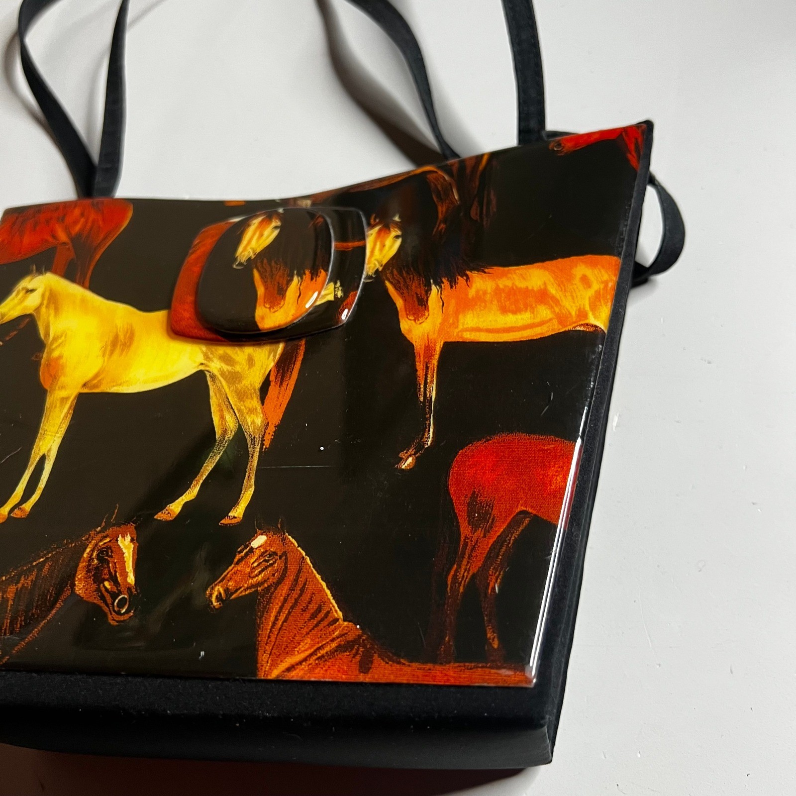 Angela Frascone Vintage Horse Print Resin Handbag Black Equestrian Shoulder Bag