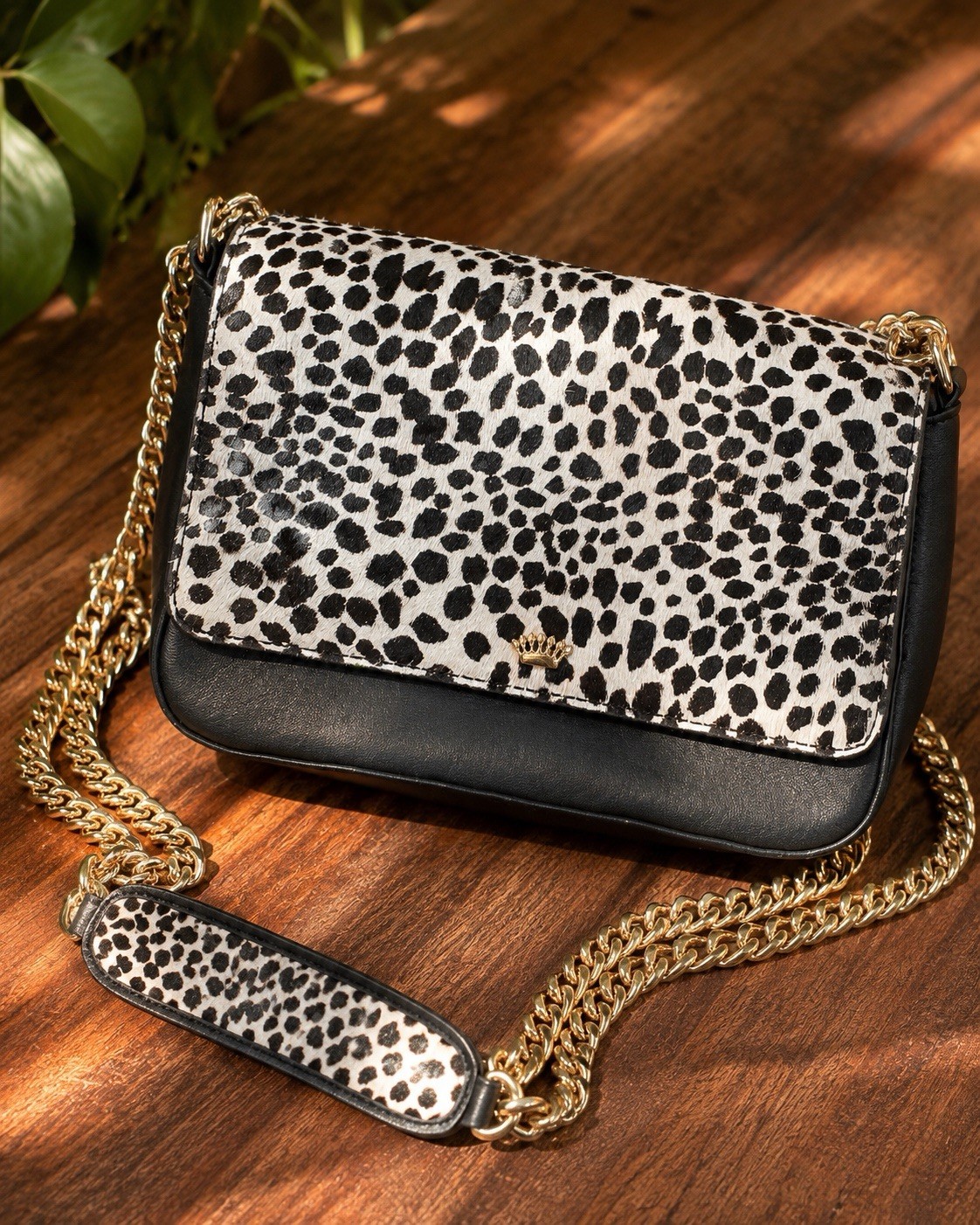 Juicy Couture Black Label Black & White Animal Print Flap Crossbody Gold Chain
