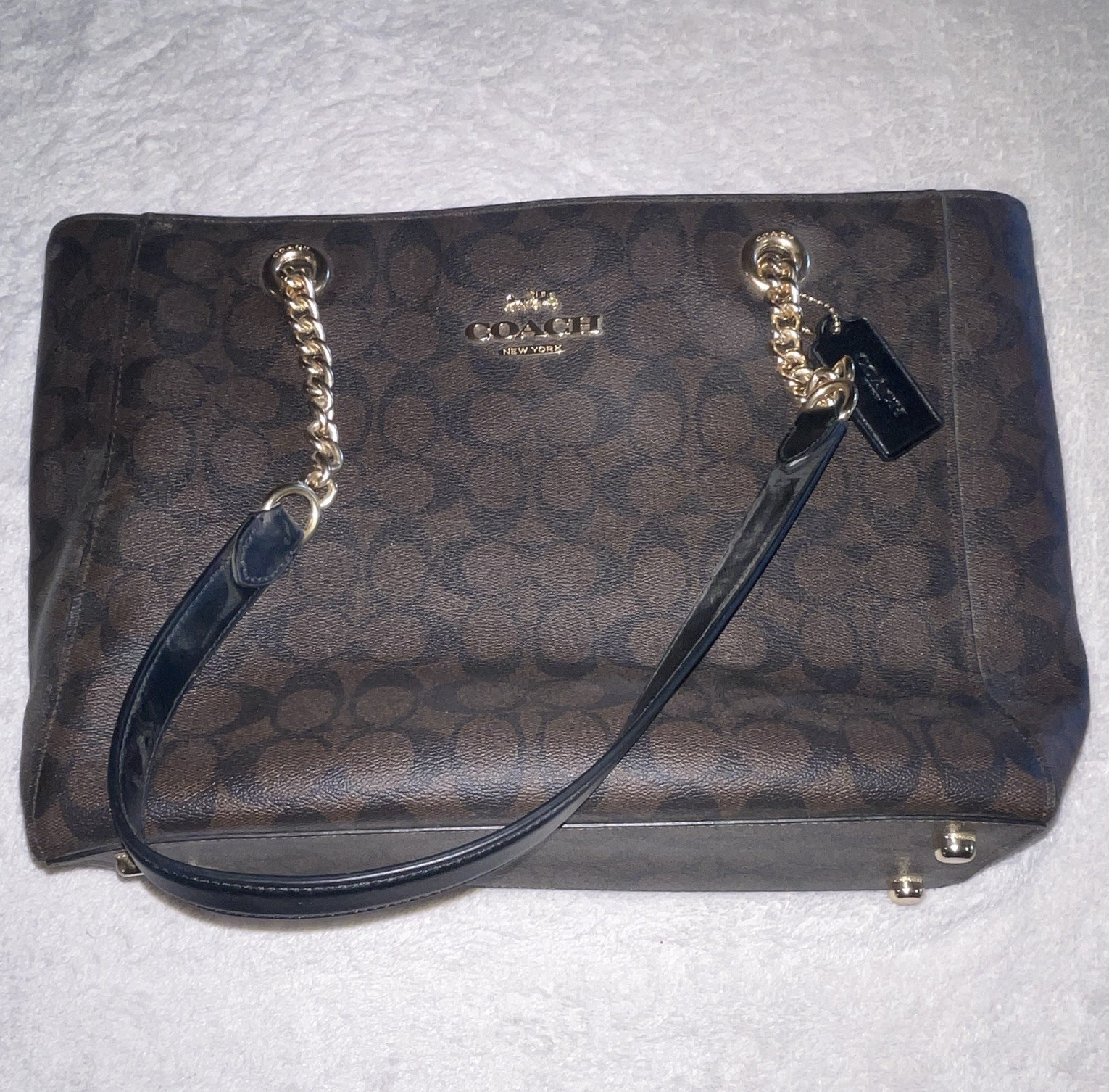 Coach Signature Monogram Zip Tote Brown/Black Chain Shoulder Strap Medium