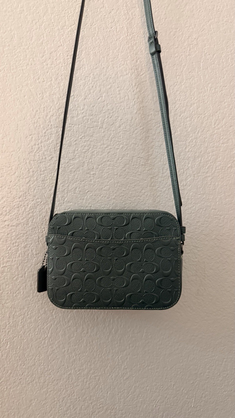 Coach Signature Embossed Logo Green Small Crossbody Zip, Strap, Charm