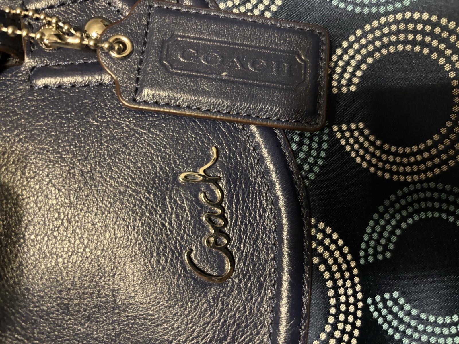 Coach Blue Signature Logo Satchel Top Handle Zip, Silver Hardware, Charm