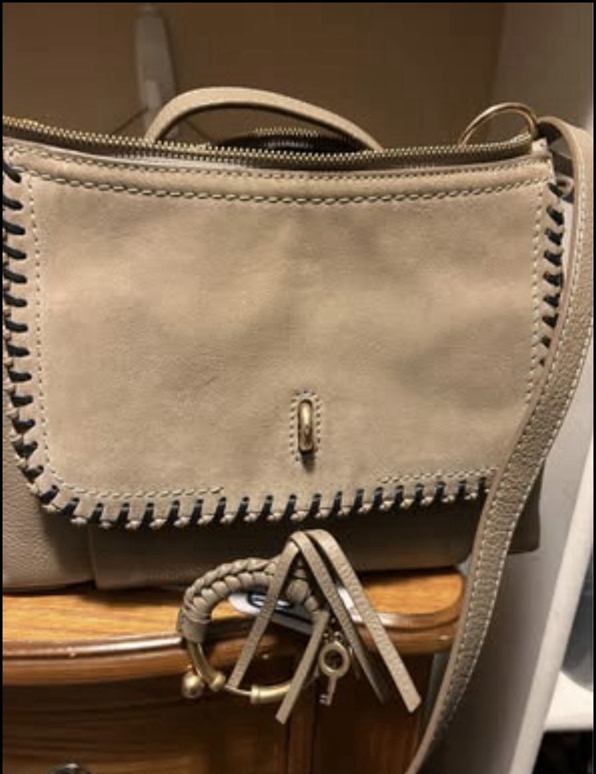 See By Chloé Taupe Shoulder Bag Whipstitch Zip Gold Hardware Designer