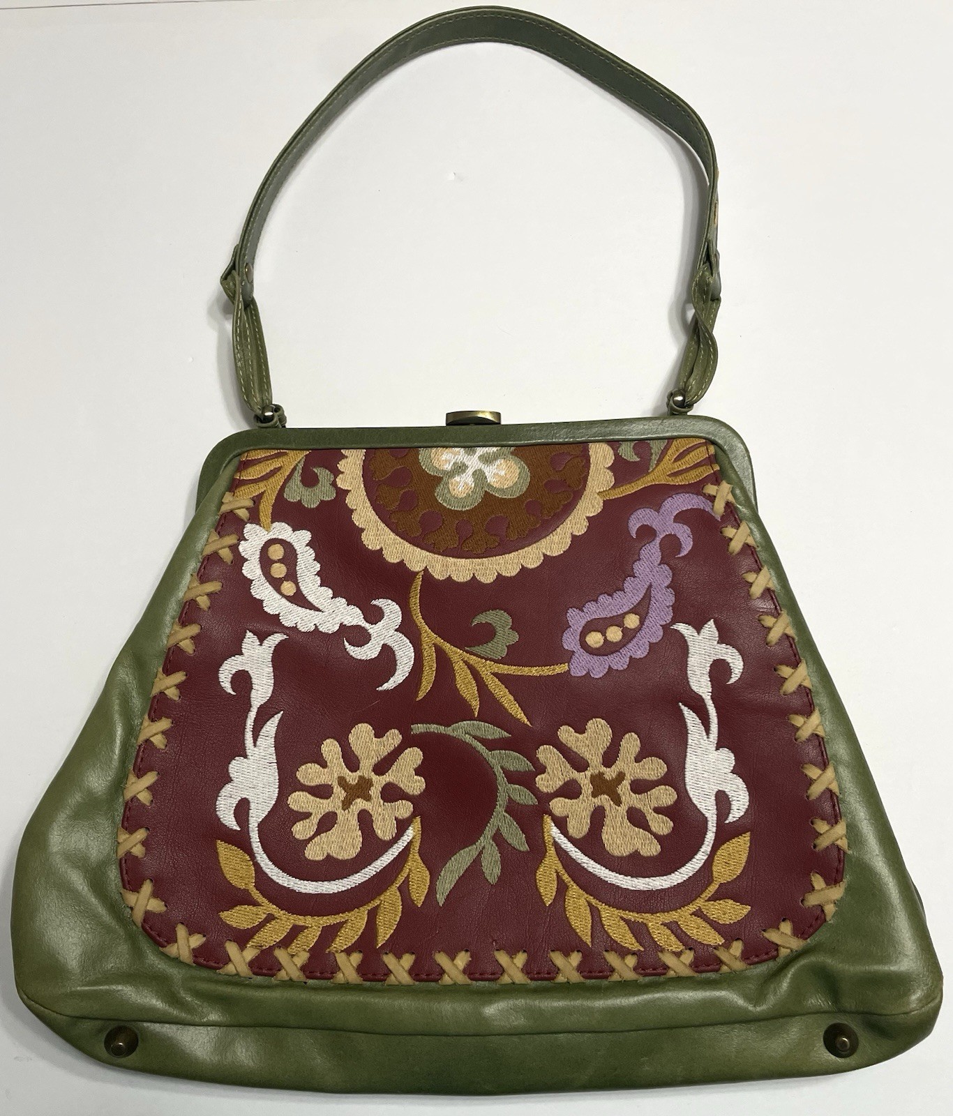 Vintage Isabella Fiore Leather Satchel Bag Stitched Green Burgundy Purse Brass