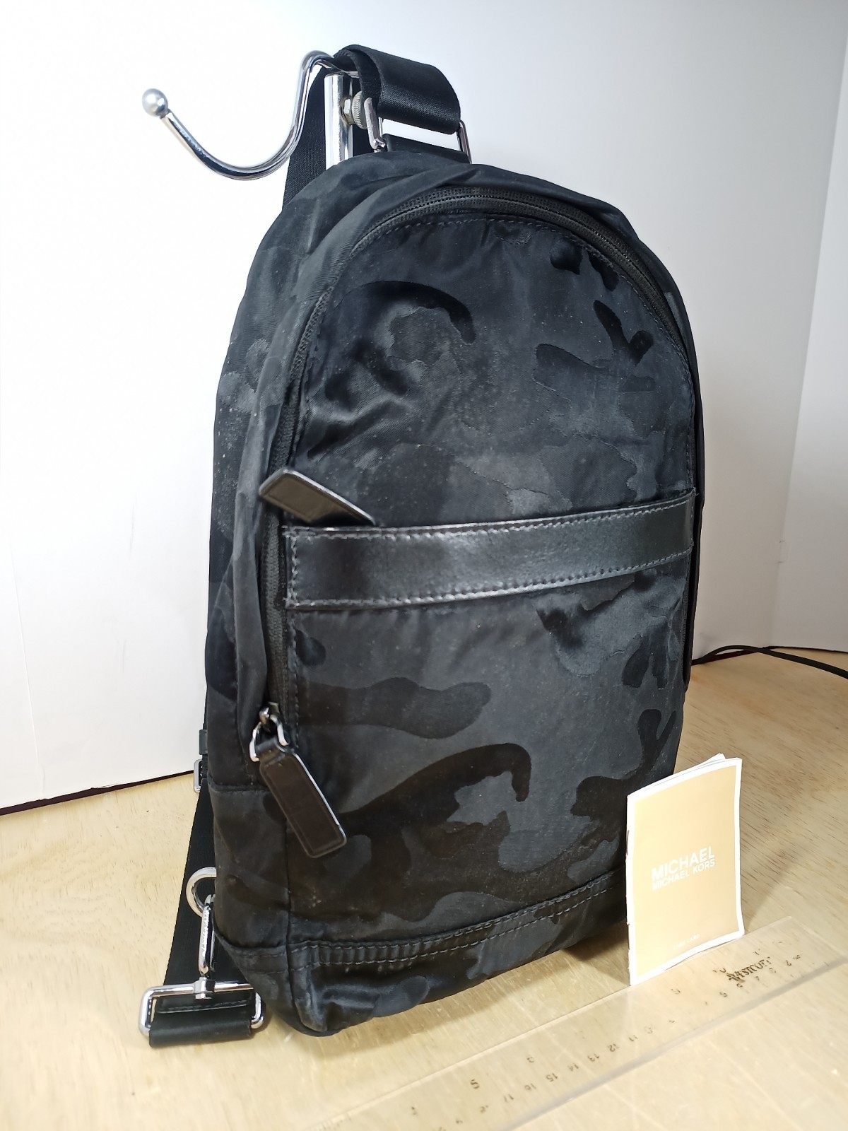 Michael Kors Camo Medium Black Backpack Jaquard Canvas Silver Hardware