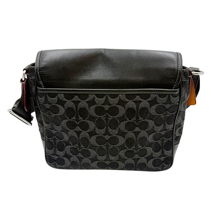 COACH Signature Black Leather Crossbody Bag Flap Unisex Silver Hardware 31.5cm