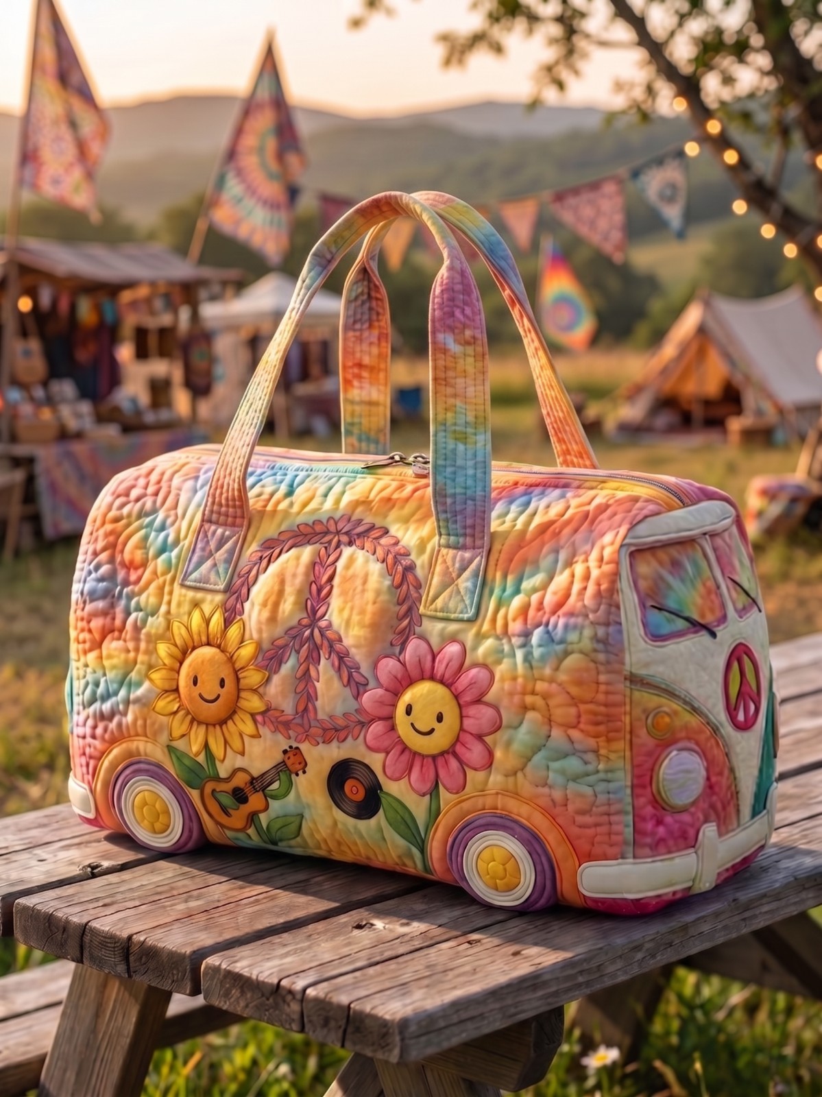 Hippie Camper Duffle Bag Pastel Boho Floral Weekender Peace Sign Travel Bag