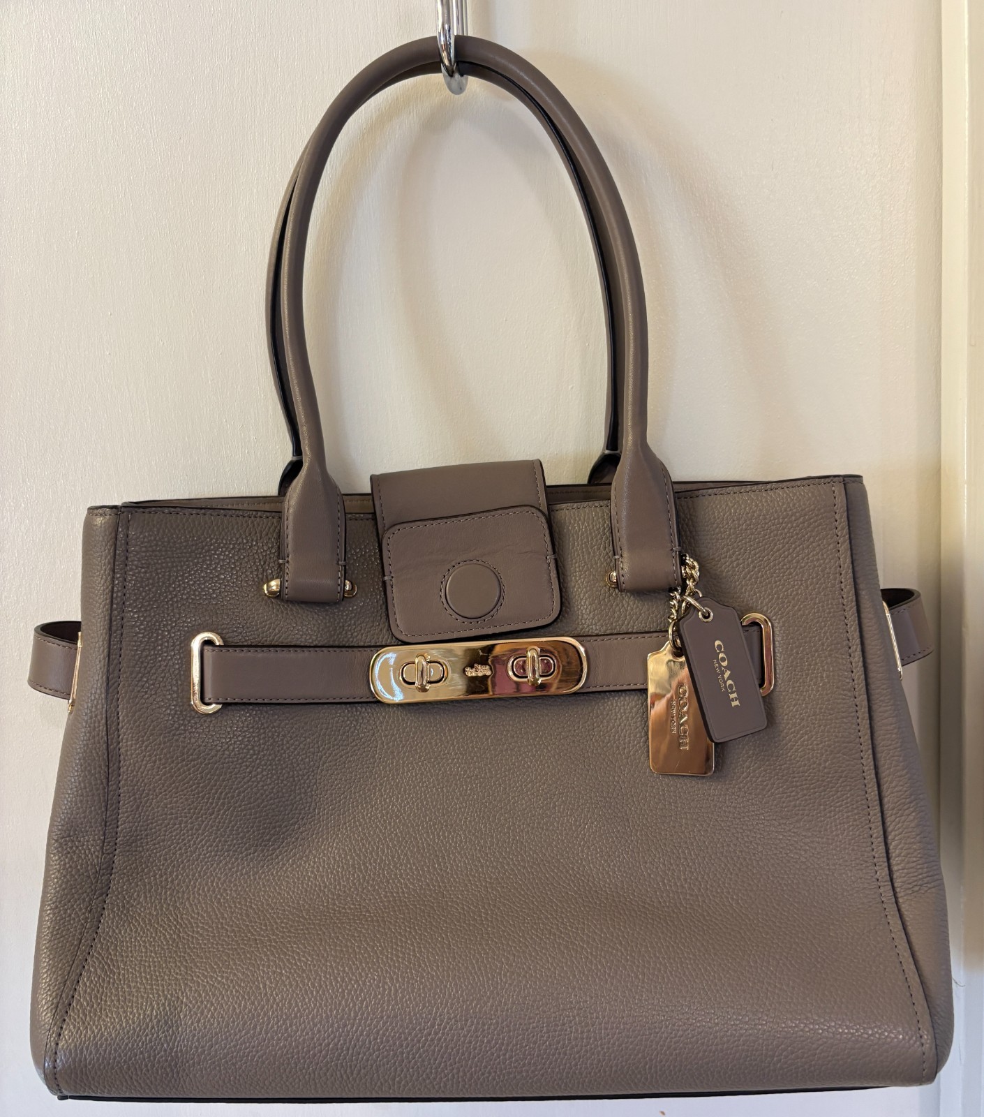 2-COACH Carryall Gray Pebble Leather Satchel and COACH Legacy Flap Silver Purse