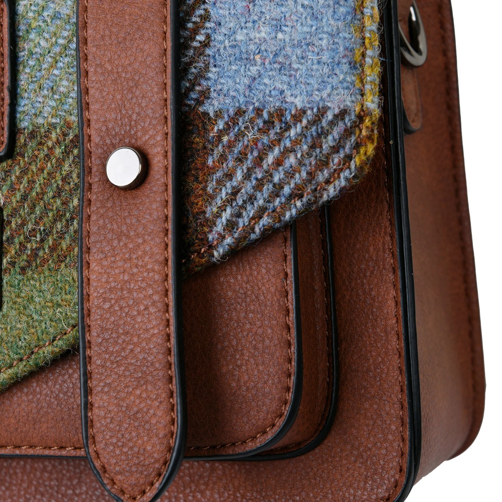 Large Satchel Bag Harris Tweed Chestnut Blue Tartan Zipped Pocket Shoulder Strap