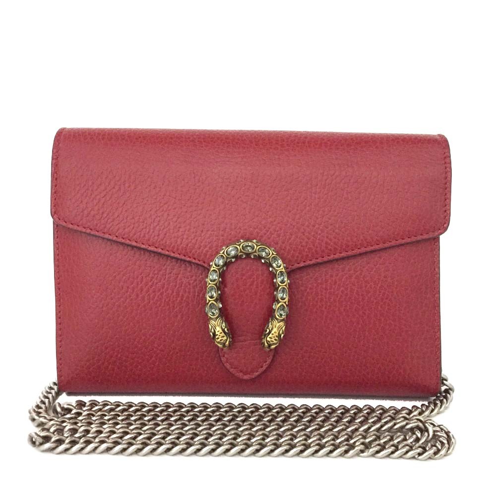 EGA GUCCI Dionysus Leather Wallet On Chain WOC Shoulder Bag Red/7CB0009