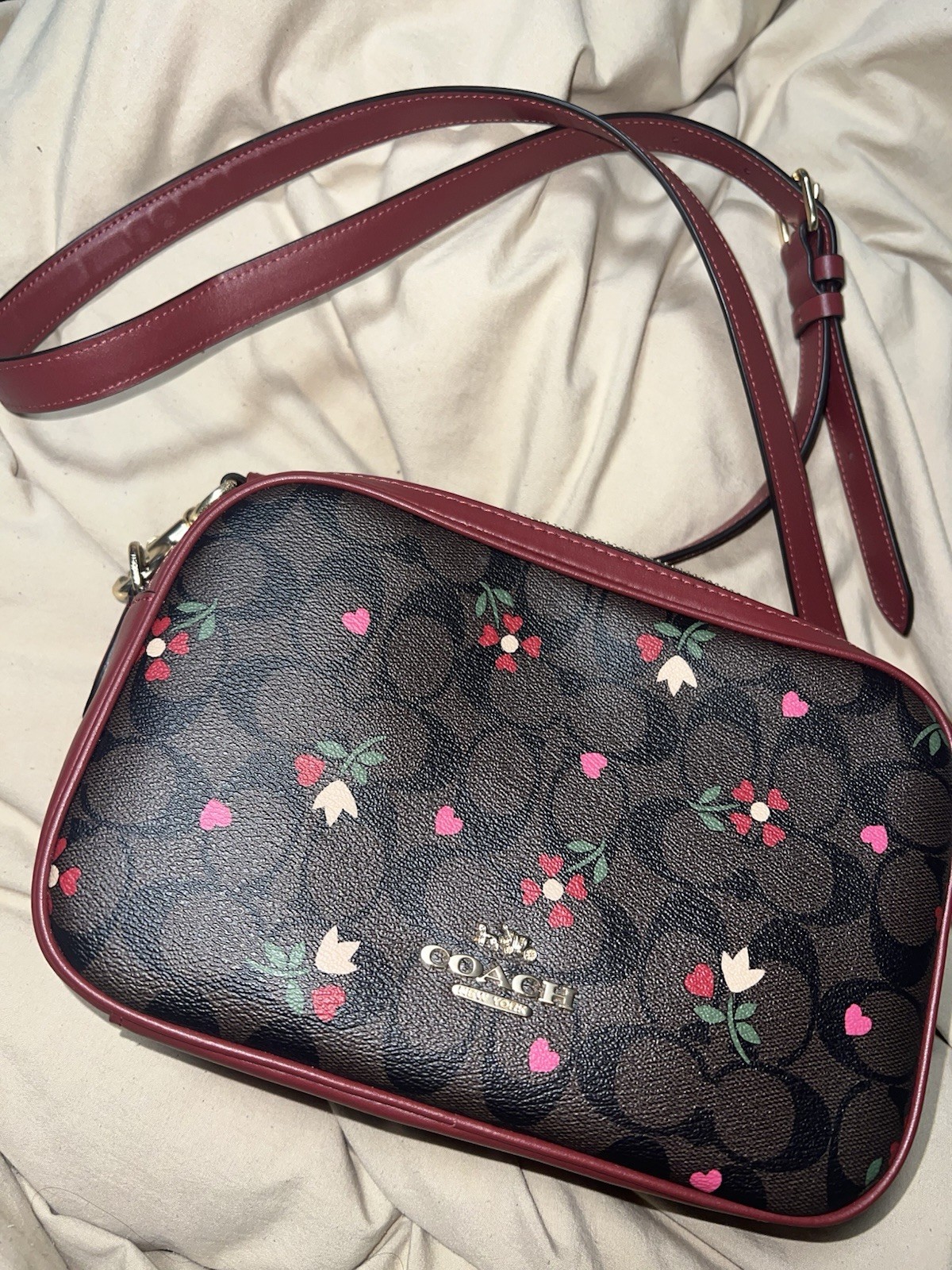 COACH Jes Crossbody in Signature Canvas with Heart Petal Print C7617 Brown Multi