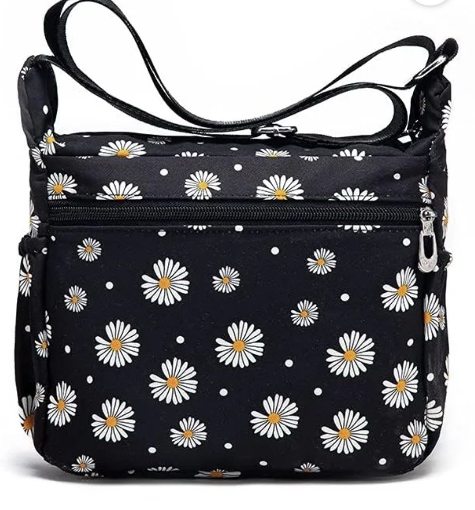 Suoyote Crossbody Bag Multiple Pockets Fabric Purse Black With Daisy Flowers