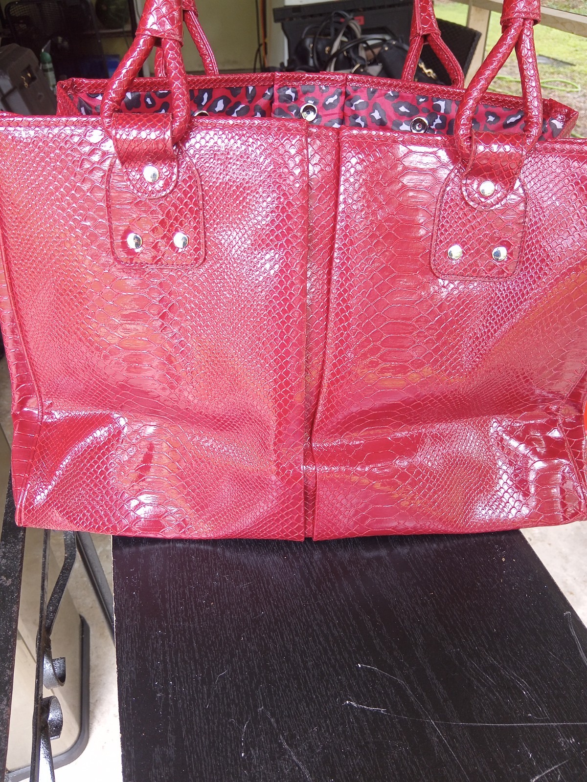 Elizabeth Arden Red Embossed Faux Leather Satchel Handbag Leopard Print Lining