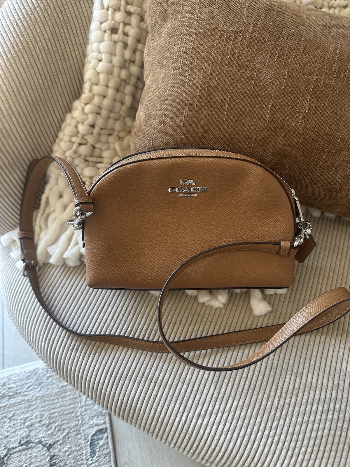 Coach Dome Crossbody Bag Brown Silver Hardware Zip, Adjustable Strap, Pockets