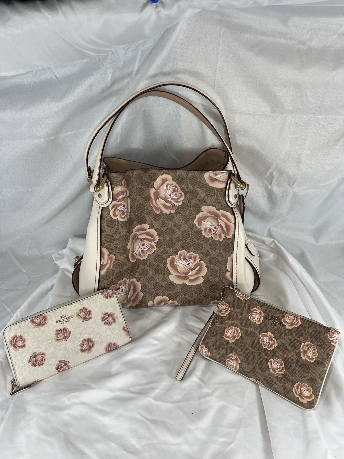 Coach Edie 31 Signature Rose Print 3 Pc Set Shoulder Bag Wallet Wristlet 31699