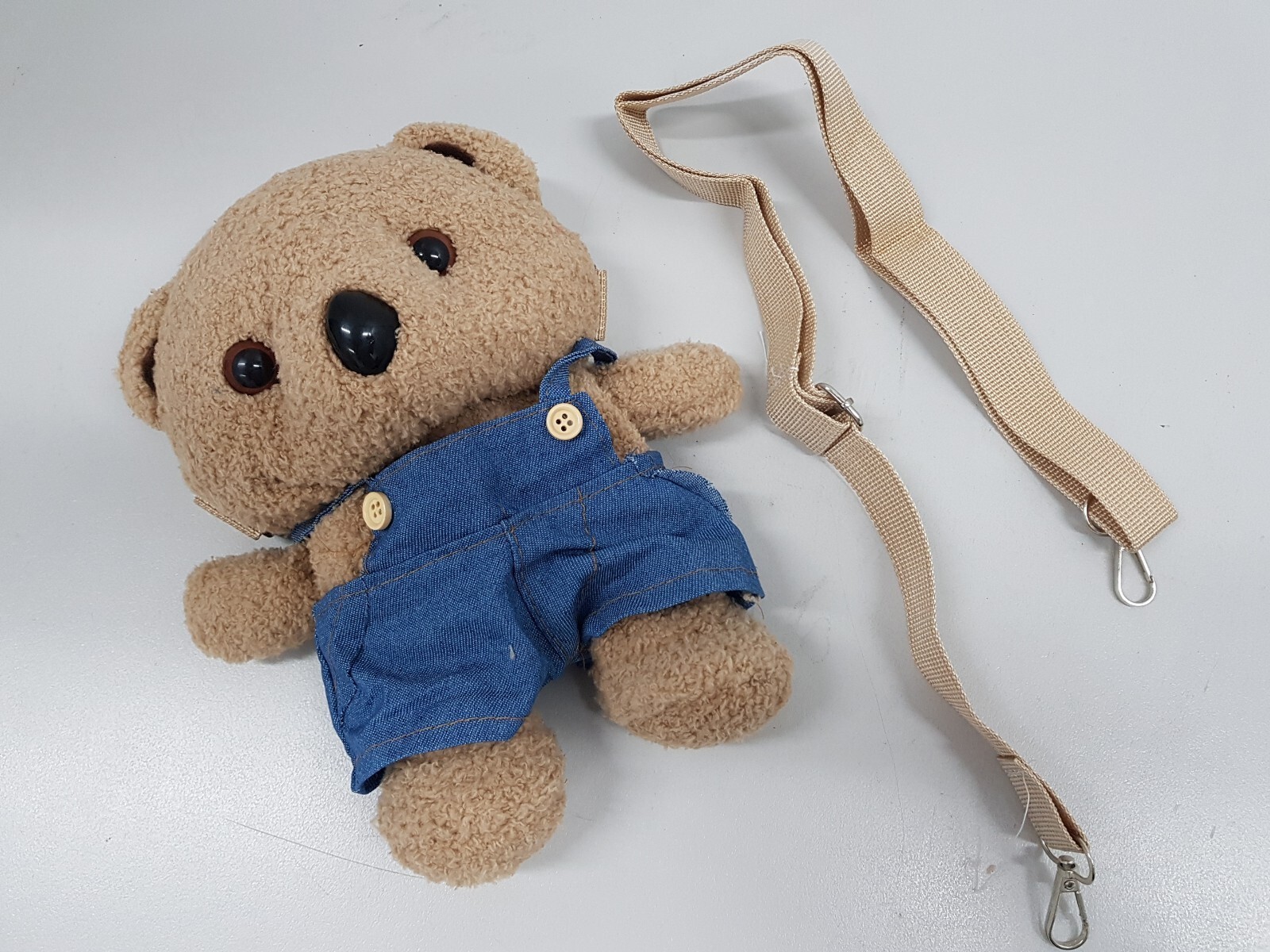 NEW Novelty Teddy Bear In Denim Overalls Zip Bag With Shoulder Straps 23x20x12cm