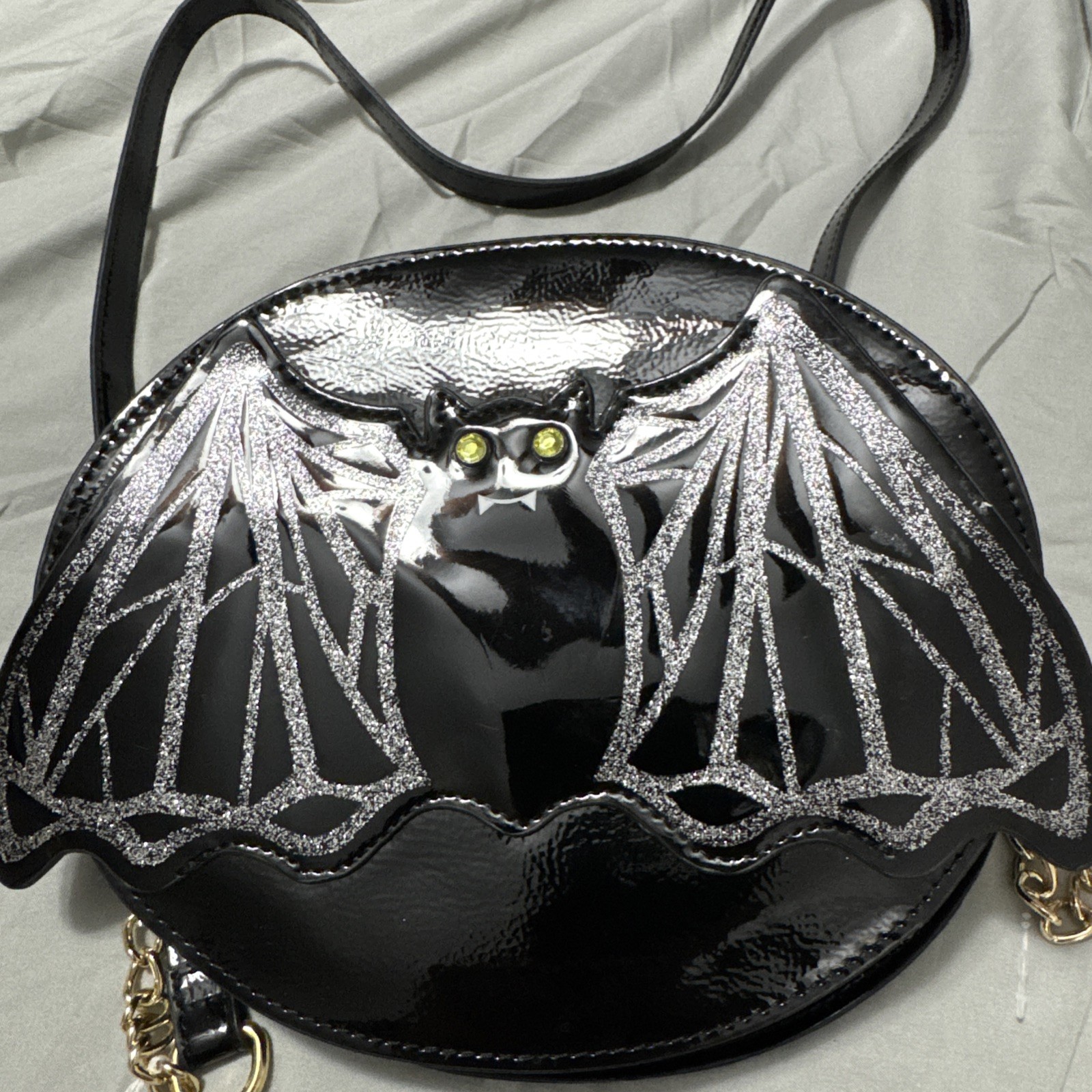 Betsey Johnson Bat Crossbody Bag Halloween Patent Glitter Wings Purse Black NWT