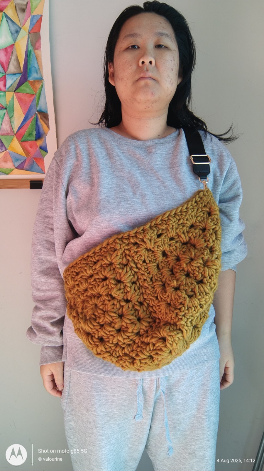 Mustard Crochet Yarn Floral Crescent Crossbody Bag Large Black Strap Handmade