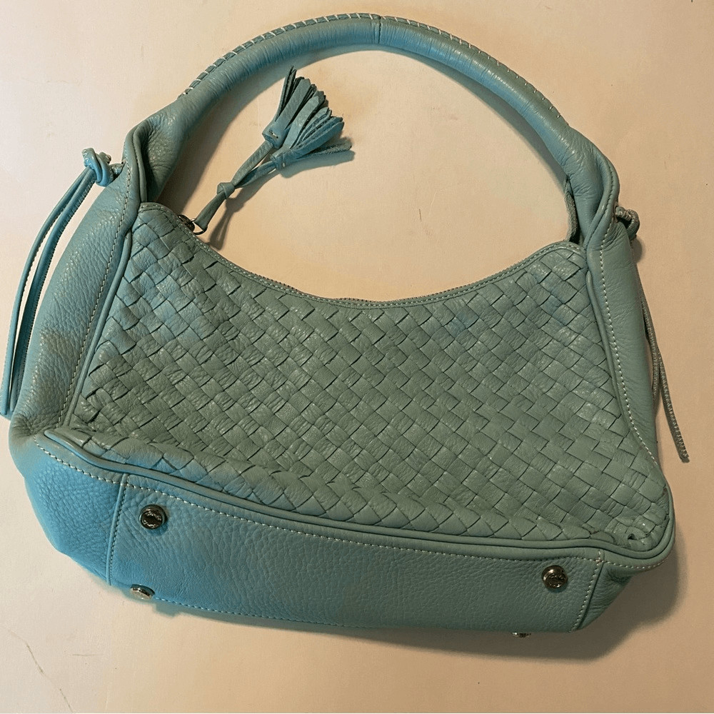 Talbots leather pale blue woven shoulder bag purse tasseled zipper 12x7x3.25