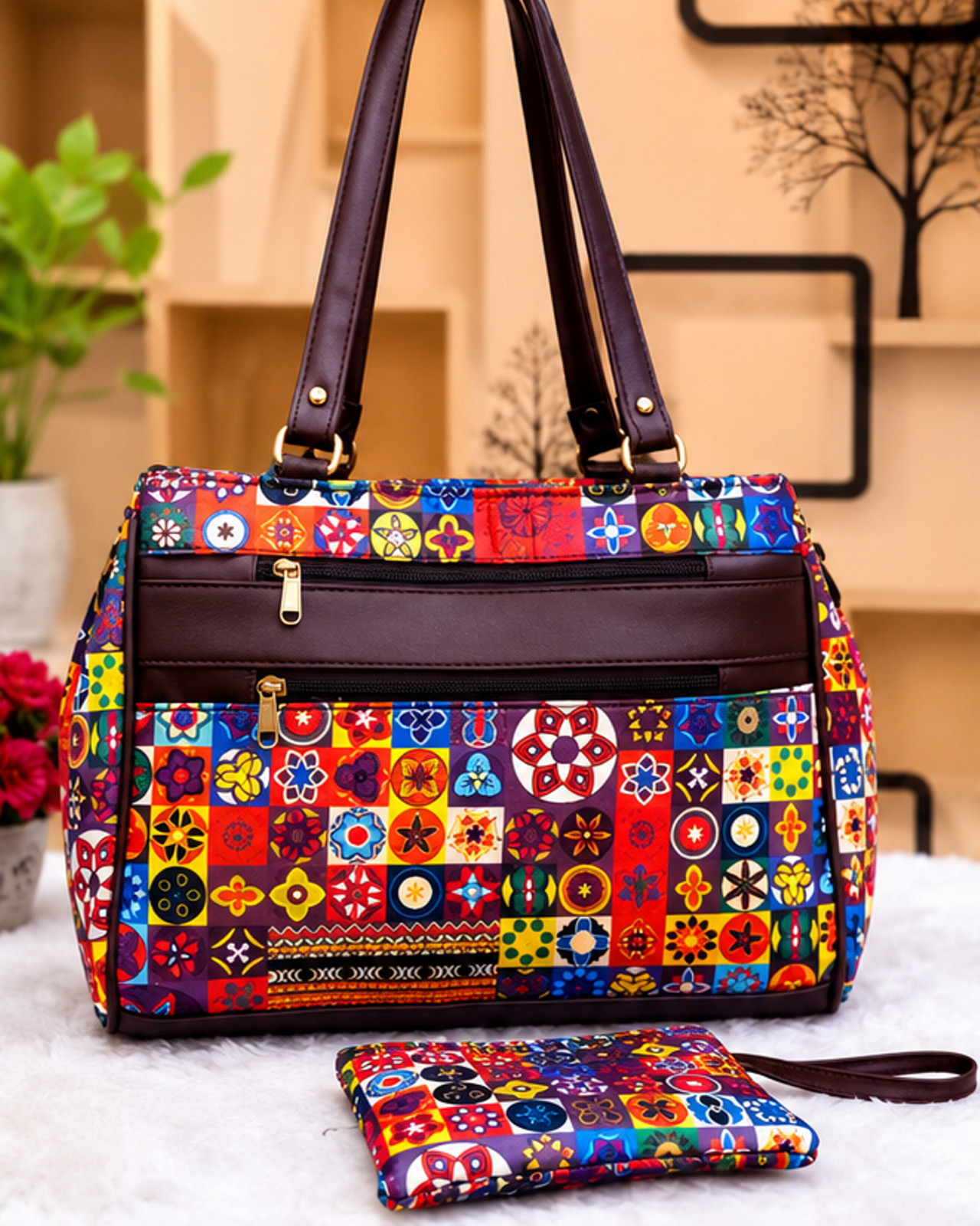 Colorful Patchwork Shoulder Tote Bag with Matching Wristlet, Boho Women Handbag